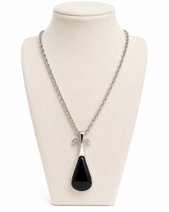 Avon Jewelry - Vintage Avon Pendant Necklace 24" Silver Tone Modernist Black Statement 1970s